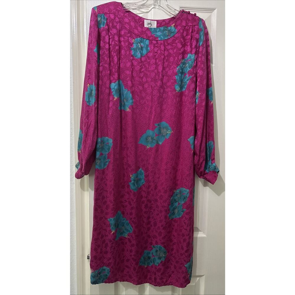 Vintage 1960s Malcolm Starr Silk Floral Midi Dress Size 8 Fuschia Teal Hibiscus